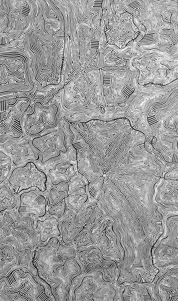 Mary Roberts Nakamarra, Yalka Tjukurrpa (Bush Onion) – Murini (detail), acrylic on linen, 152 x 91cm