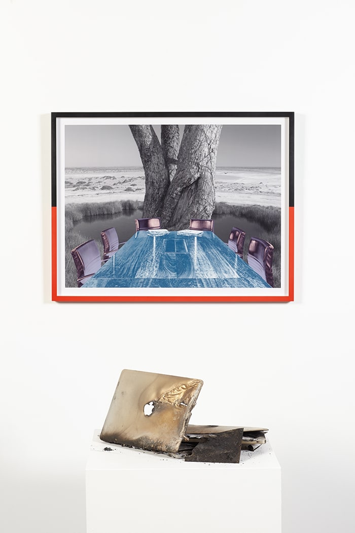 Kristian Laemmle-Ruff, The Conversation and the Cycle, 2015, C-type print, hand coloured timber frame, 2 melted Apple Macbook Pros, 895 x 710mm, variable
