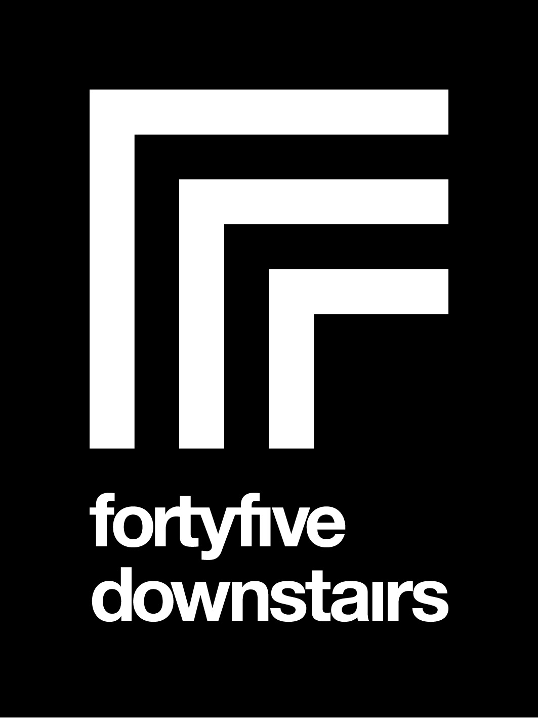 fortyfivedownstairs logo: vertical, negative